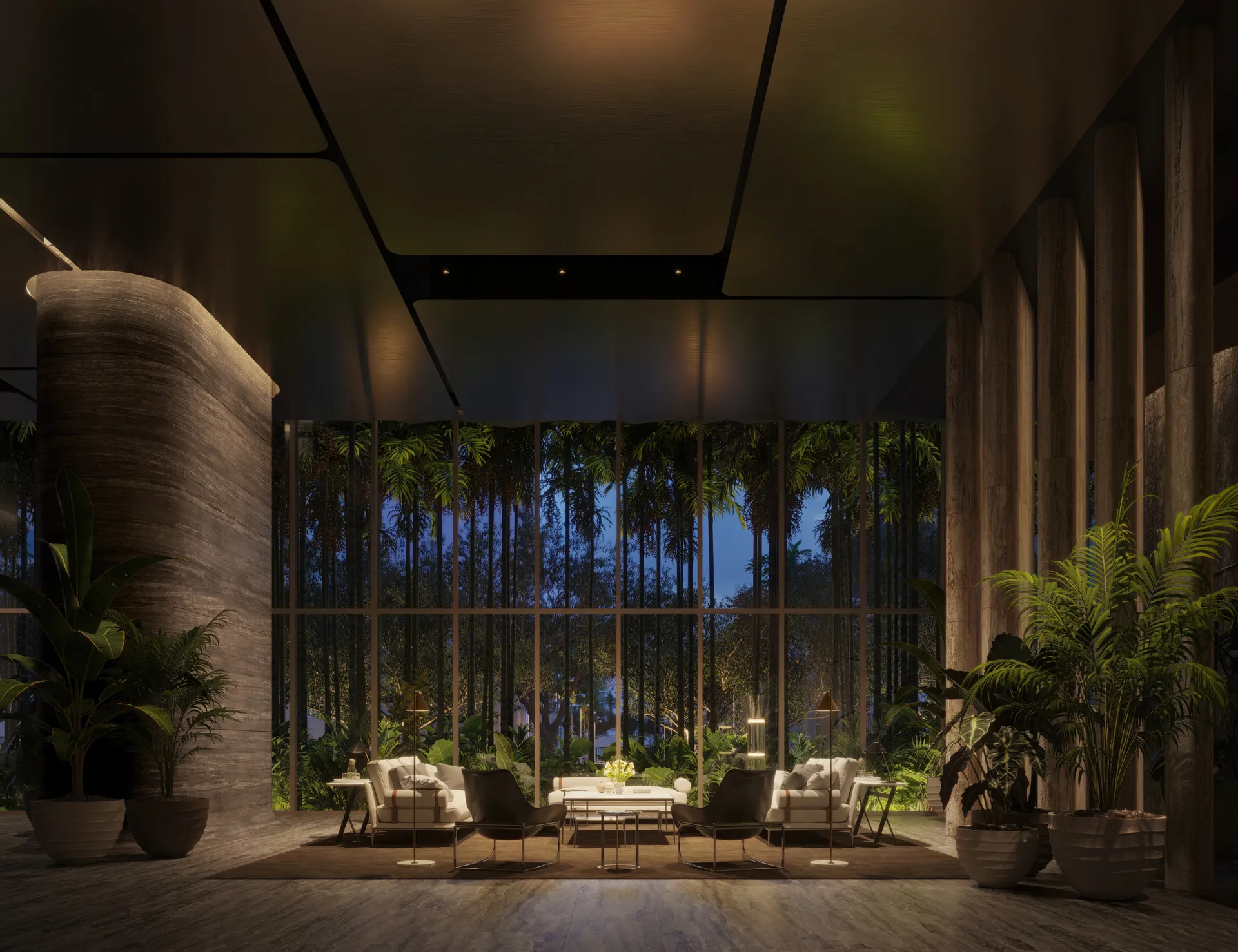 1428 Brickell — library lounge del lobby, con vista al jardín de palmeras