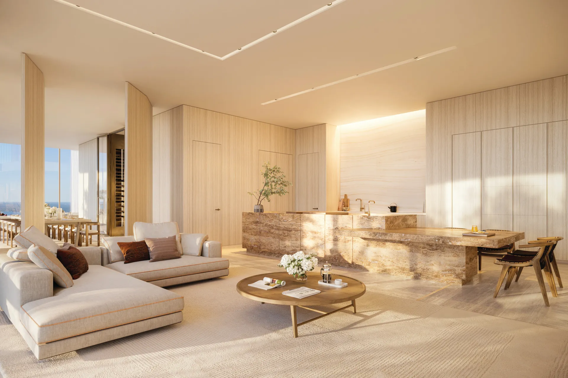 1428 Brickell -- cava de vinos de doble altura del Owners Club, integrada a una sala de estar