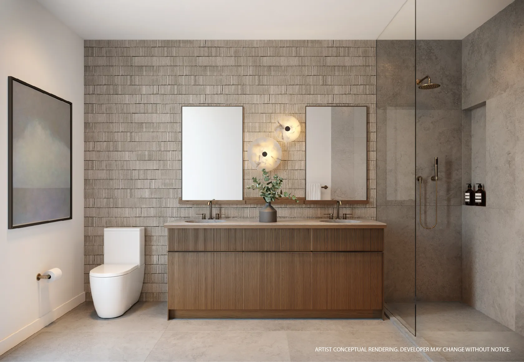 2200 Brickell — baño principal con doble lavabo sobre mueble de madera, muro de azulejo y ducha de lluvia con mampara de vidrio