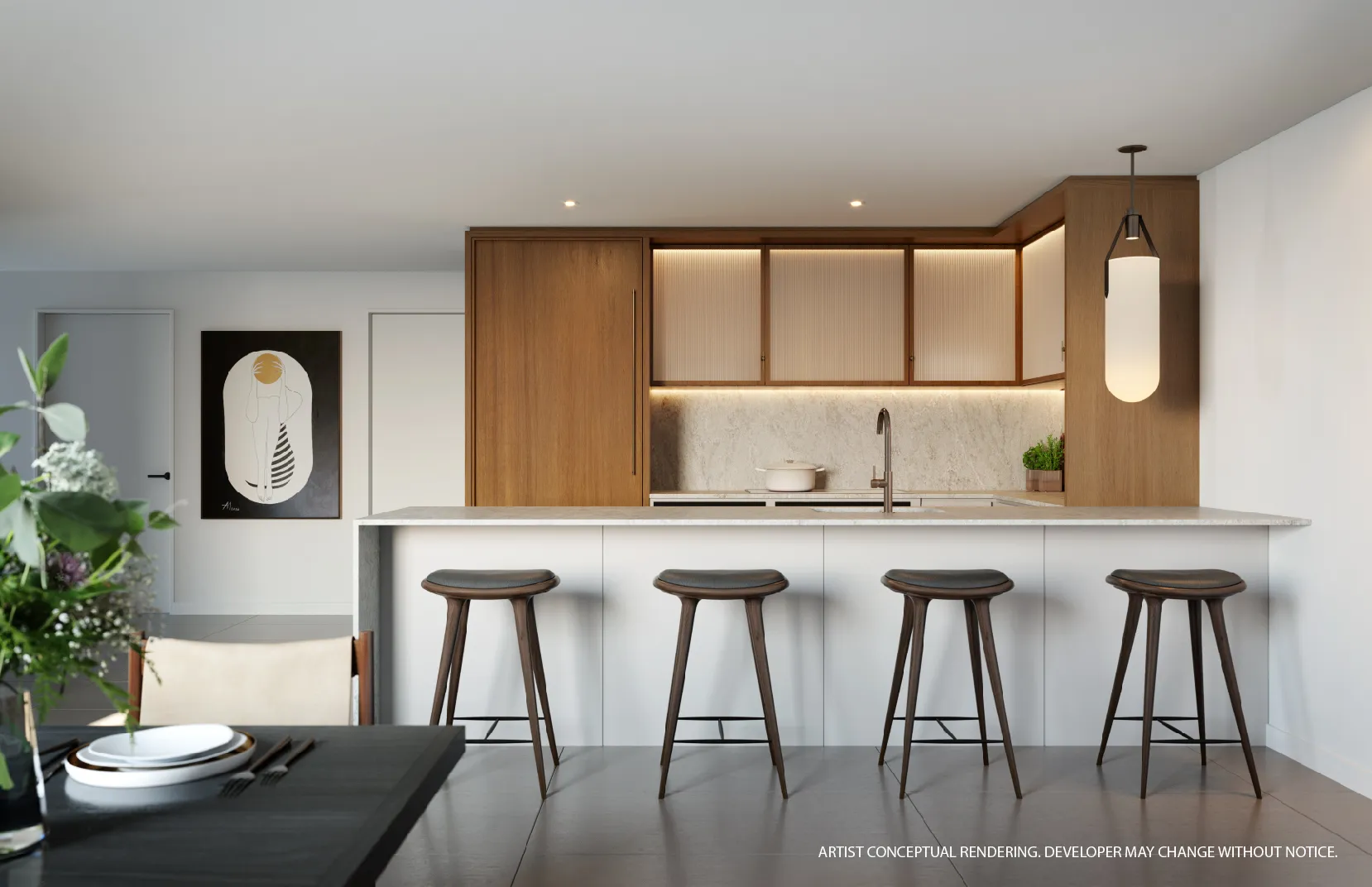 2200 Brickell — cocina diseñada por ODA New York, con gabinetes de madera, cubierta de piedra y barra con cuatro bancos