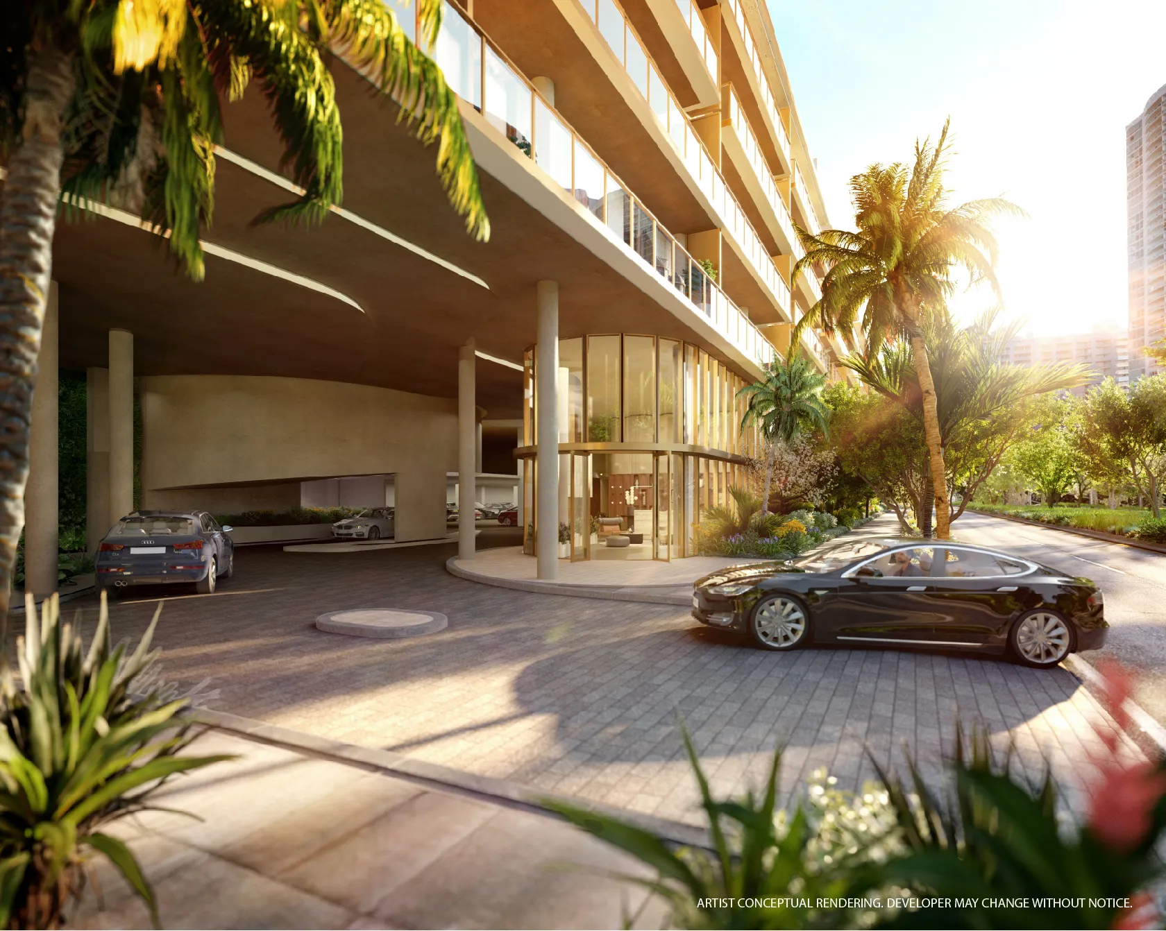 2200 Brickell — porte-cochère cubierto de acceso, con autos en el área de valet y palmeras a contraluz