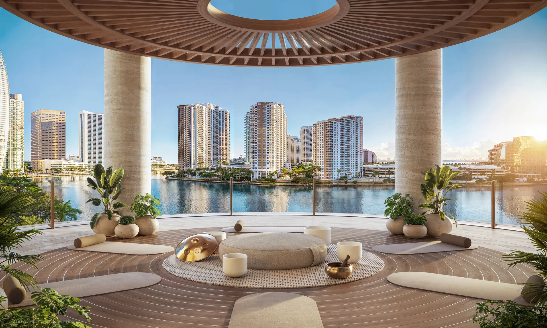619 Brickell — lounge con terraza y vista a la bahía