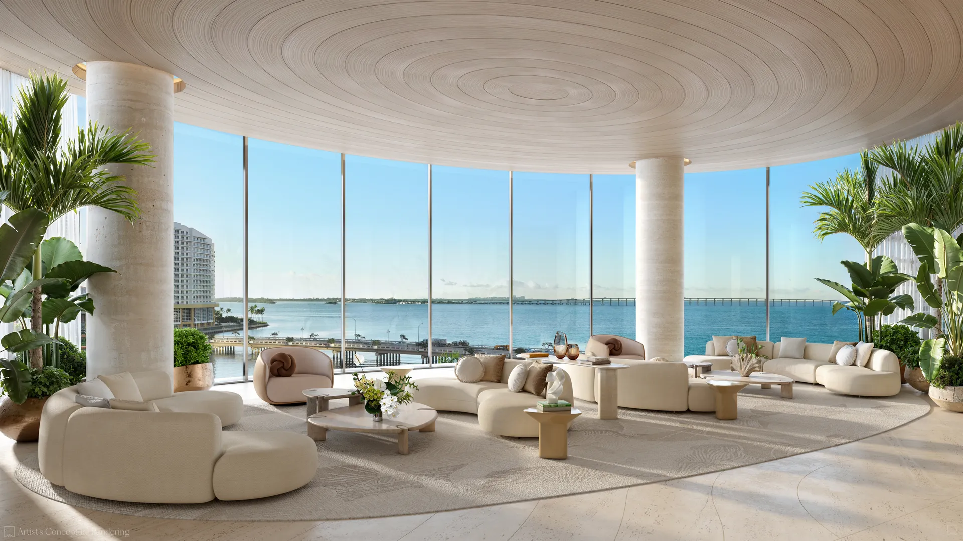 619 Brickell — sala de estar con vista panorámica a la bahía de Biscayne
