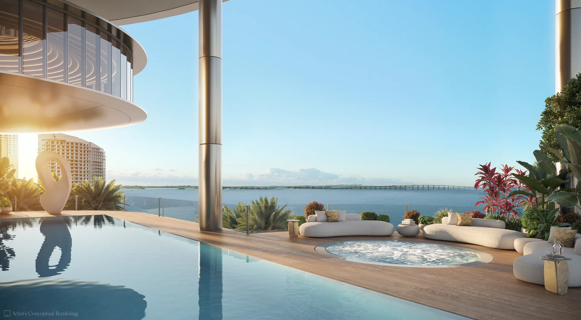 619 Brickell — piscina infinita al atardecer con vista a la bahía