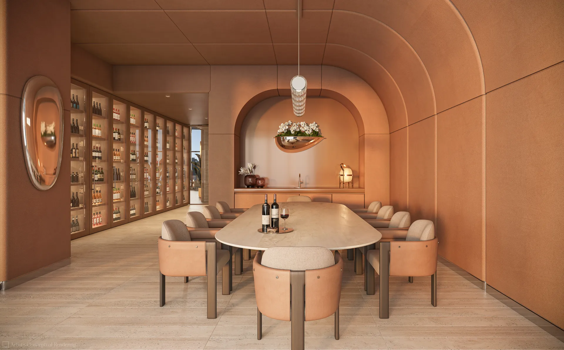 619 Brickell — cava de vinos privada con mesa de comedor