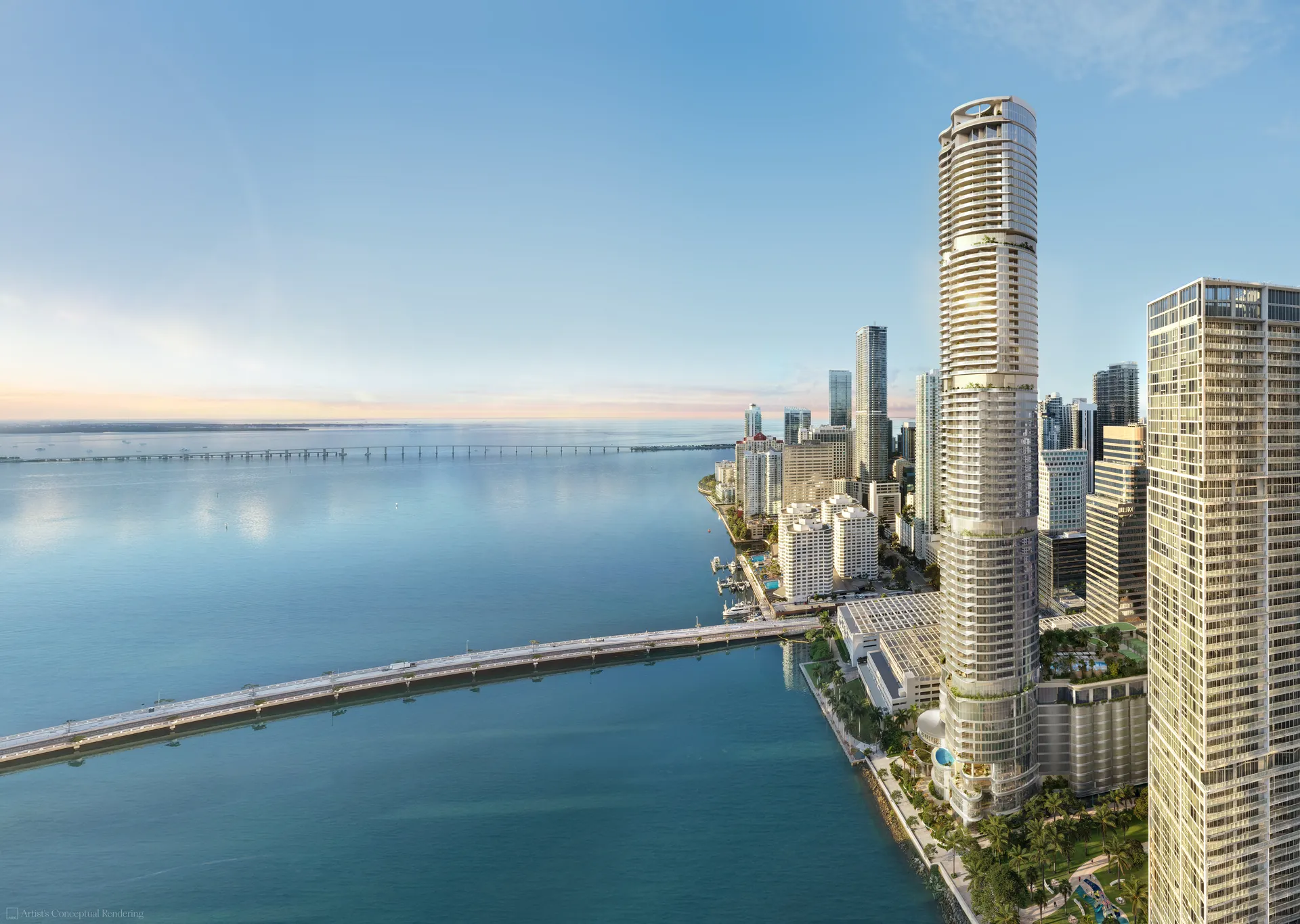 619 Brickell — vista aérea de la costa de Brickell y la bahía de Biscayne