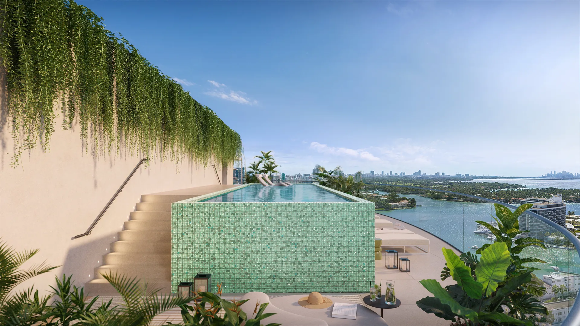 72 Carlyle Miami Beach Residences — piscina en el sky terrace del rooftop con vista al Intracoastal