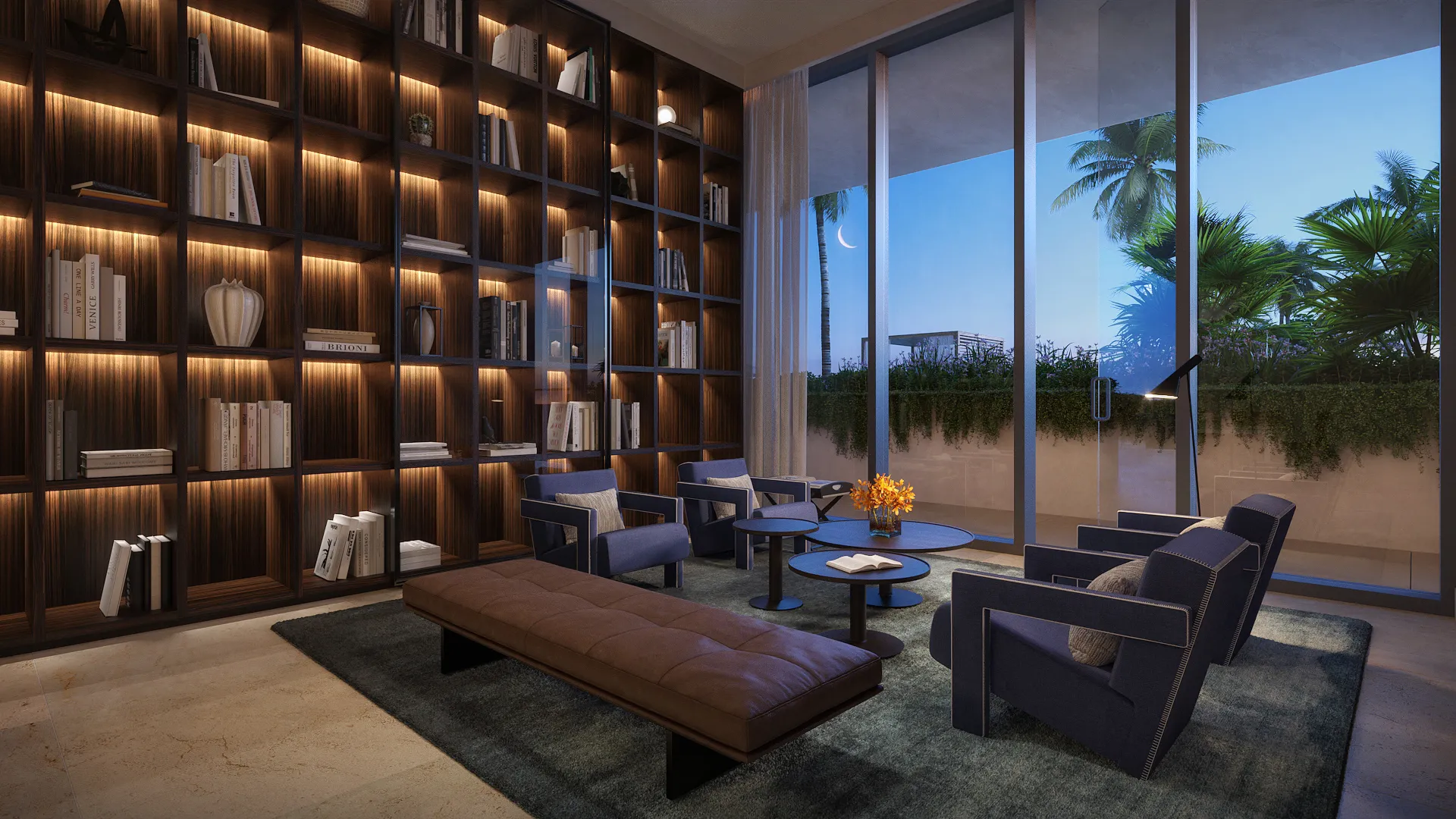 72 Carlyle Miami Beach Residences — biblioteca con estantería de piso a techo y vista al agua