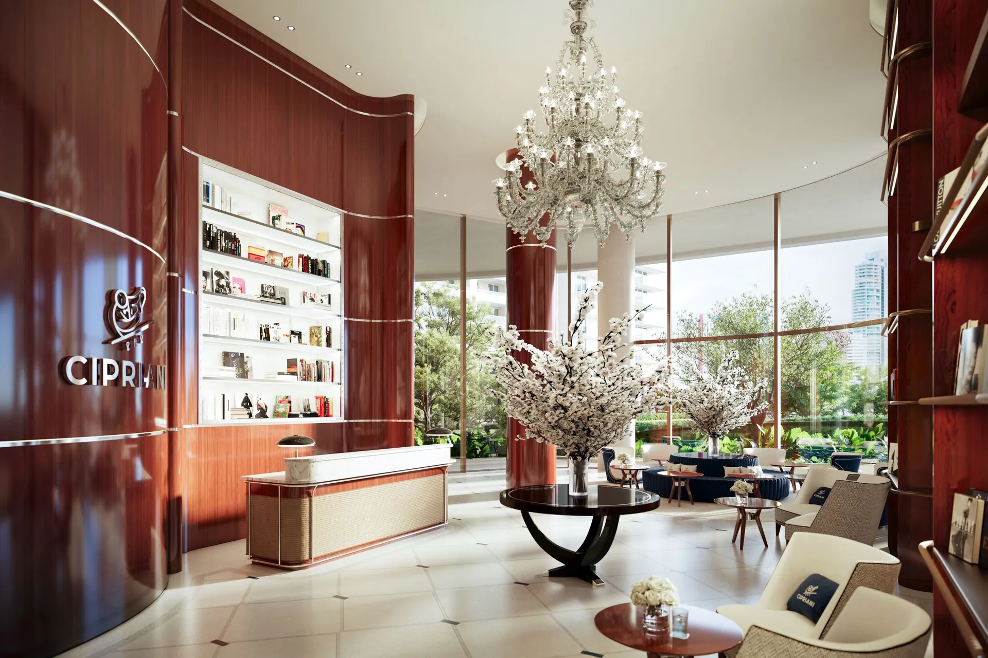 Cipriani Residences Miami — lobby y biblioteca con el logotipo Cipriani en la pared