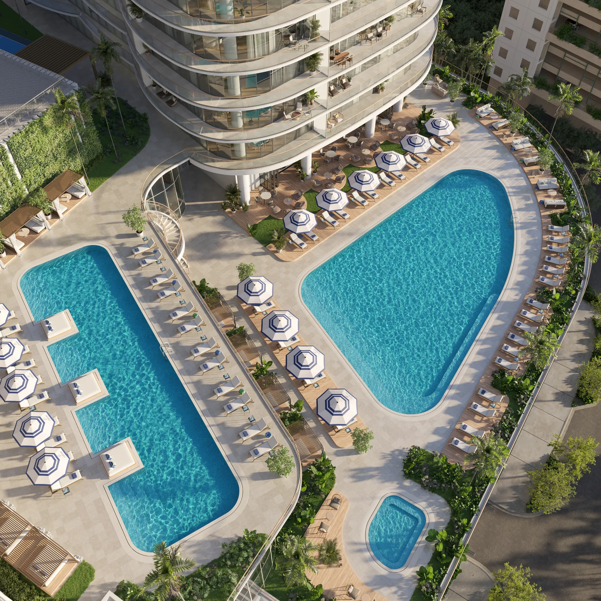 Cipriani Residences Miami — vista aérea de la cubierta de dos piscinas con cabañas y jacuzzi