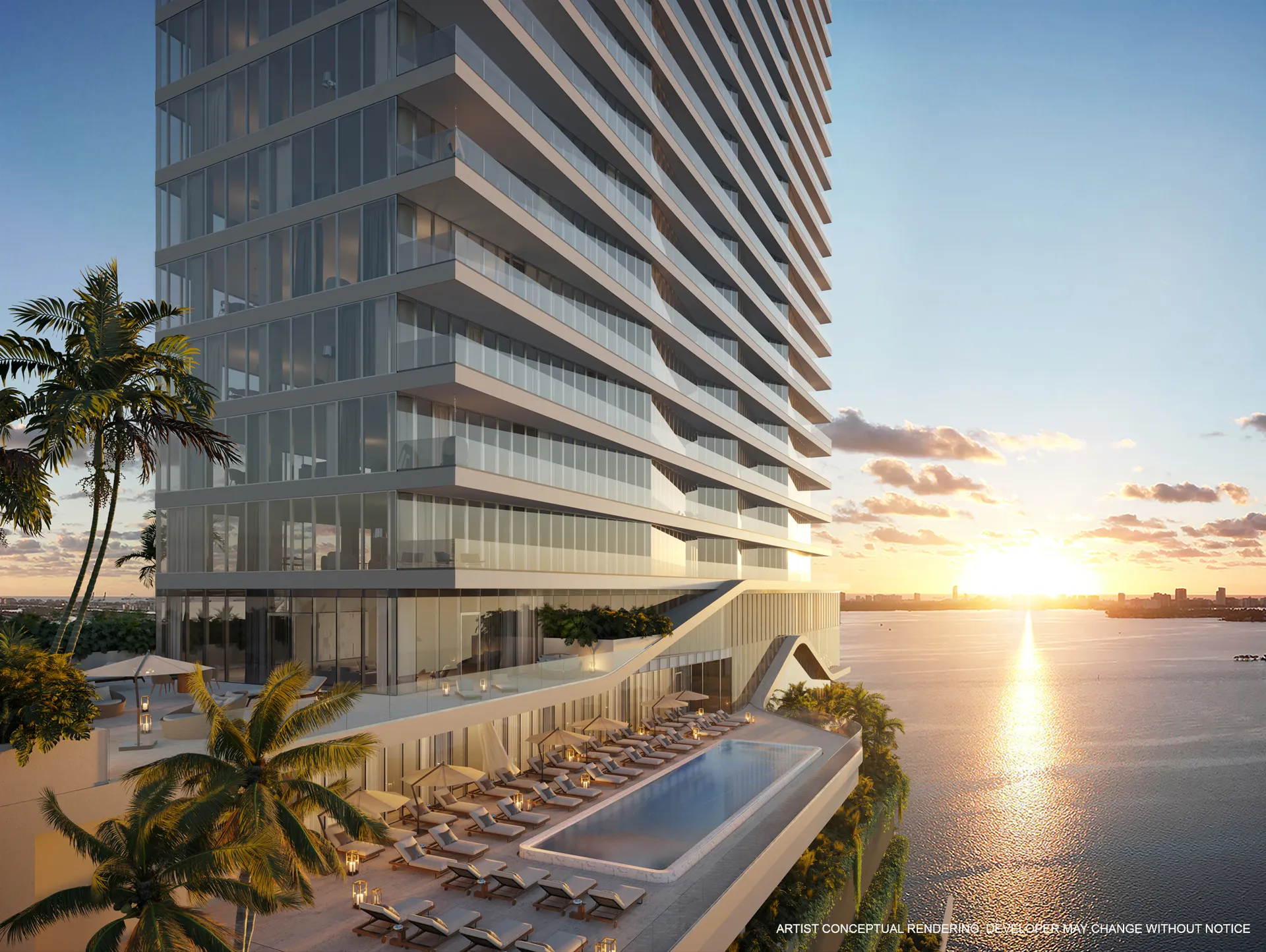 Cove Miami — fachada de la torre y piscina al atardecer