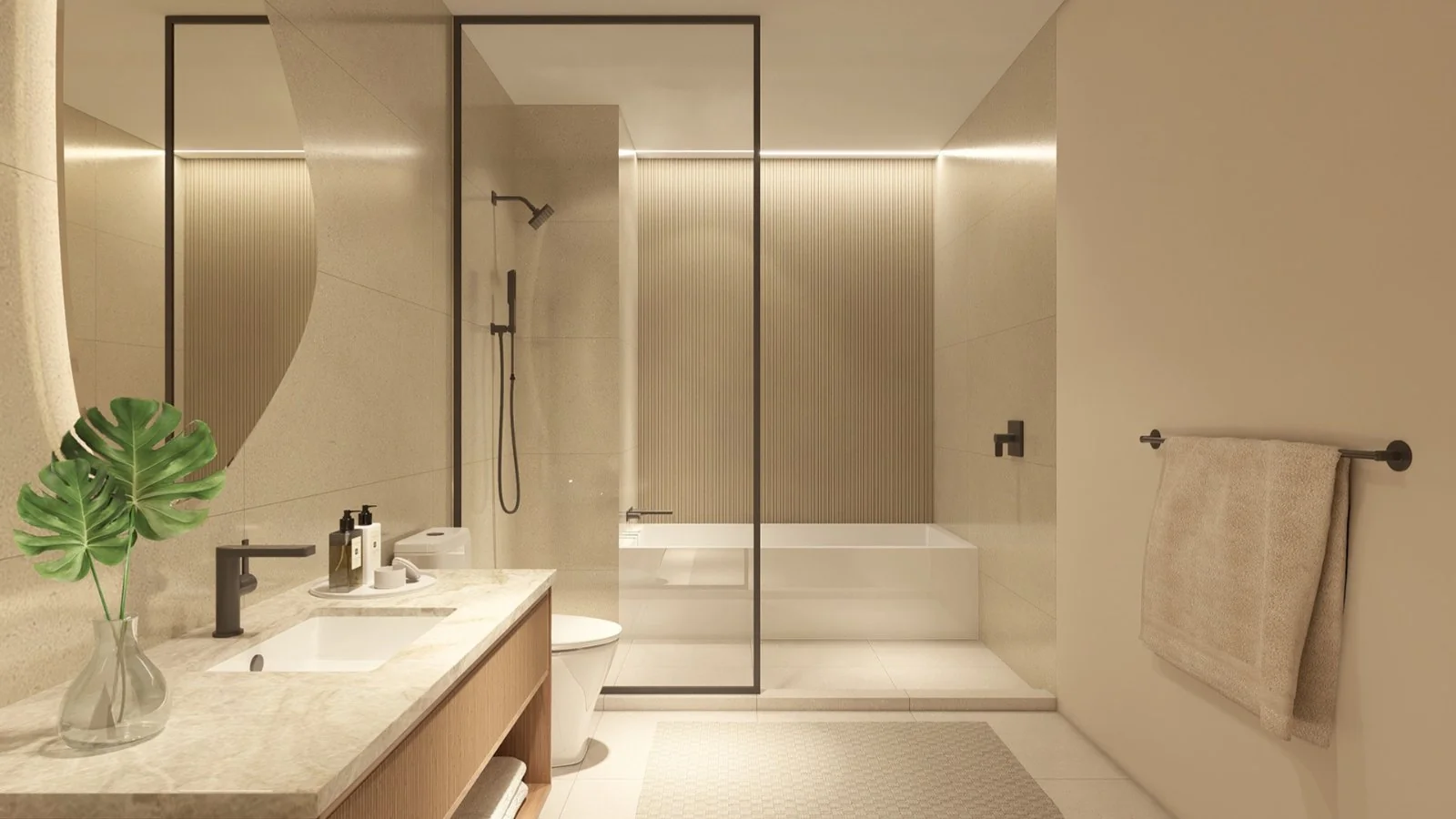 Gaia Residences Hollywood — baño secundario con tina, ducha independiente y acabados en tono arena