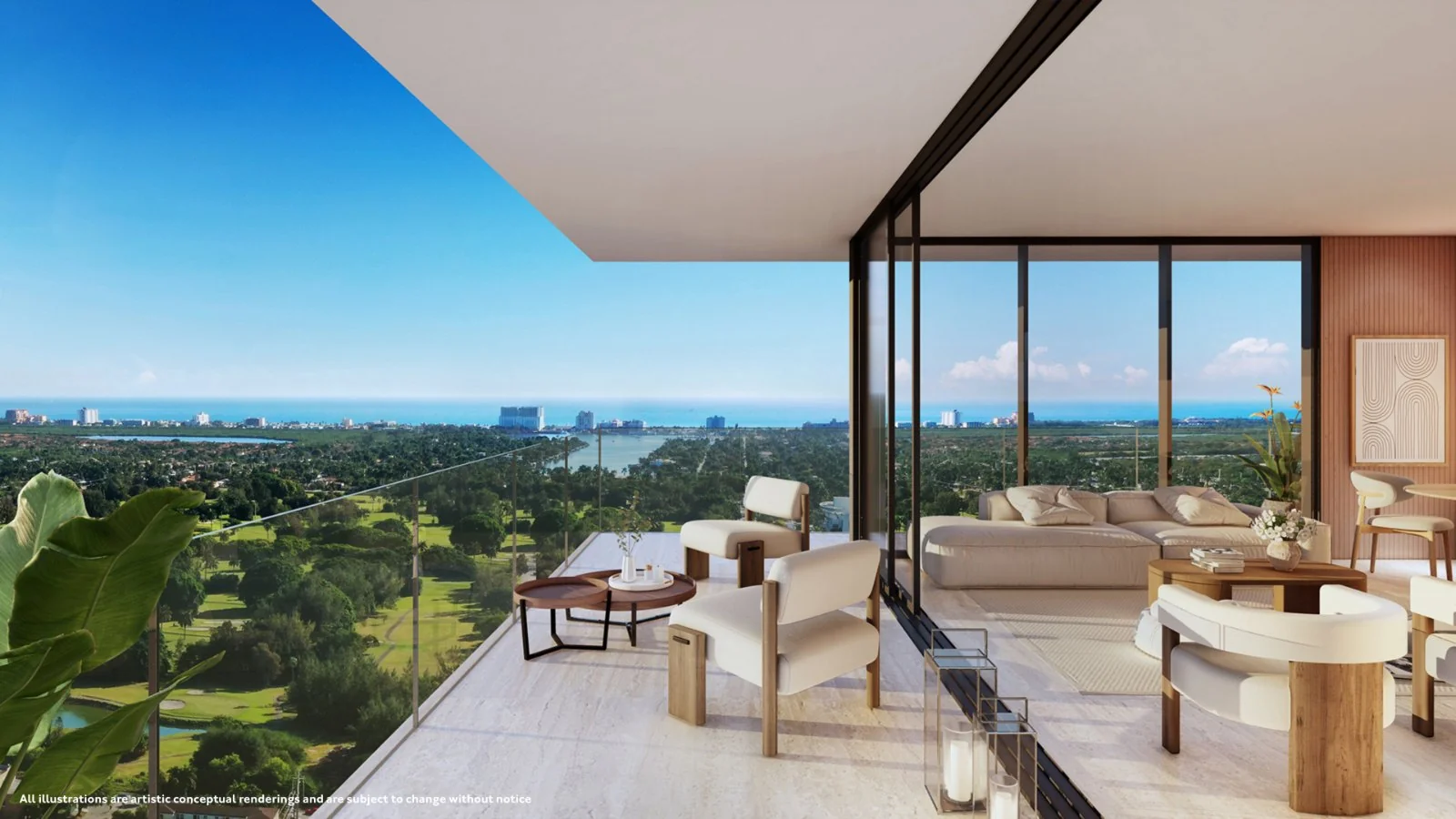 Gaia Residences Hollywood — sala de estar con ventanales de piso a techo sobre el campo de golf y el mar
