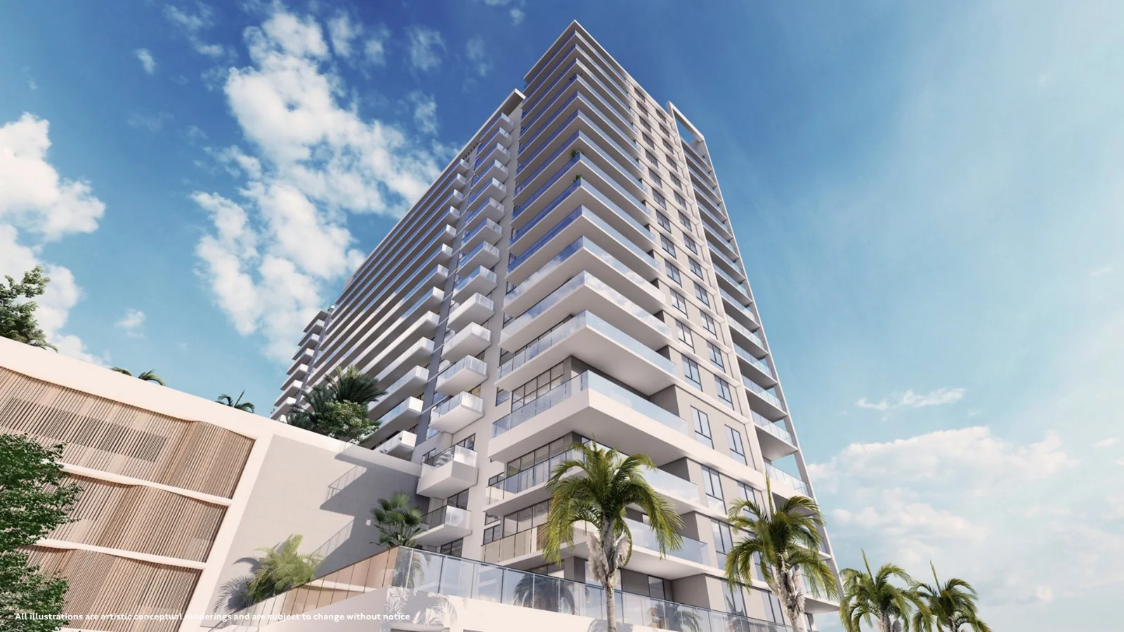 Gaia Residences Hollywood — fachada de la torre vista desde el jardín de acceso, con palmeras en primer plano