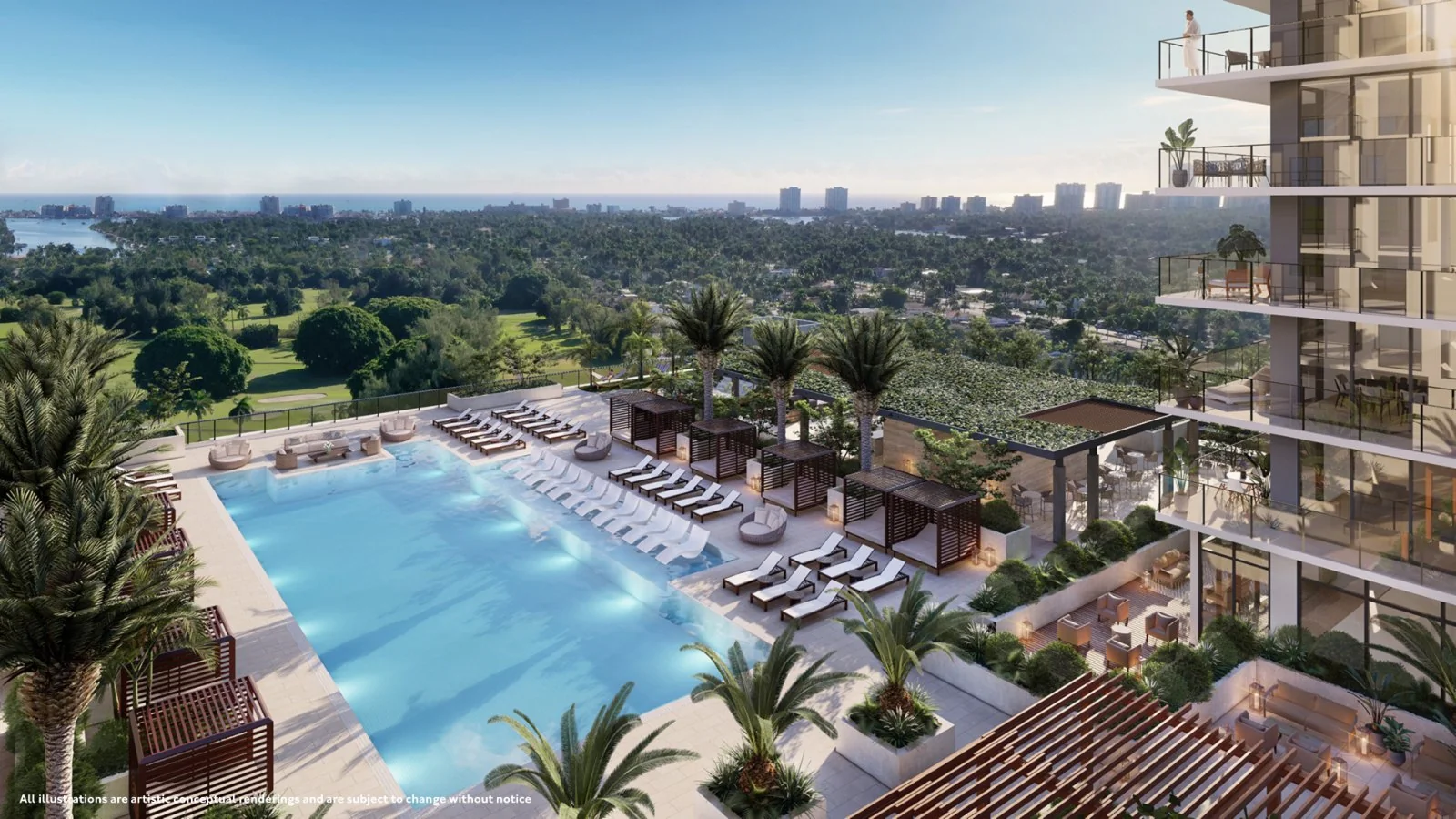 Gaia Residences Hollywood — piscina con camastros y cabañas, vista aérea con el skyline al fondo