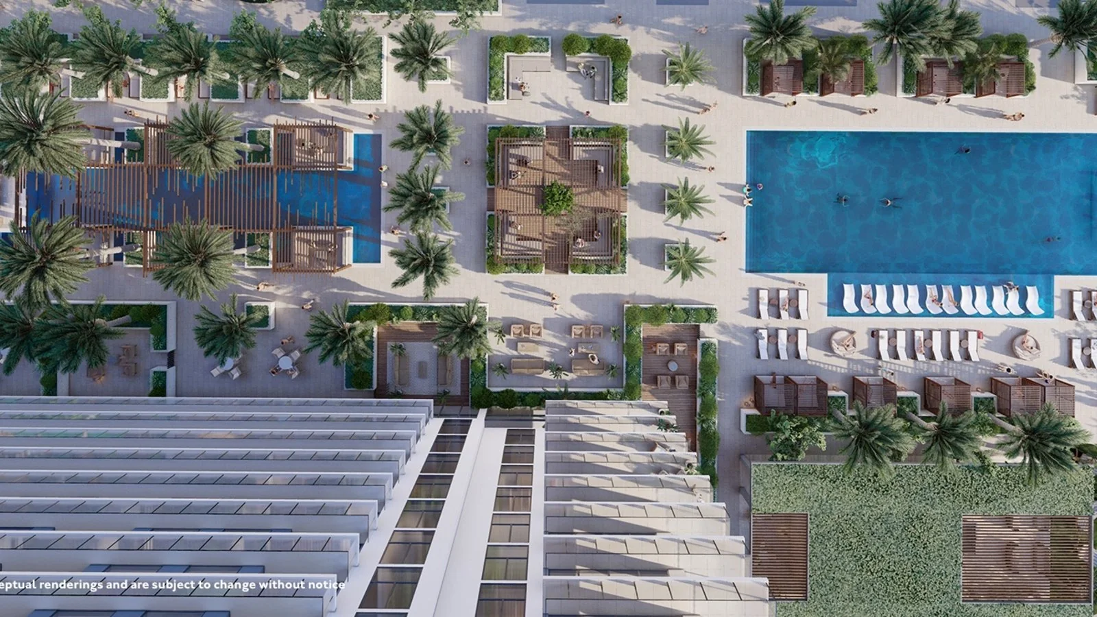 Gaia Residences Hollywood — vista aérea de los jardines y la piscina entre los edificios de la comunidad