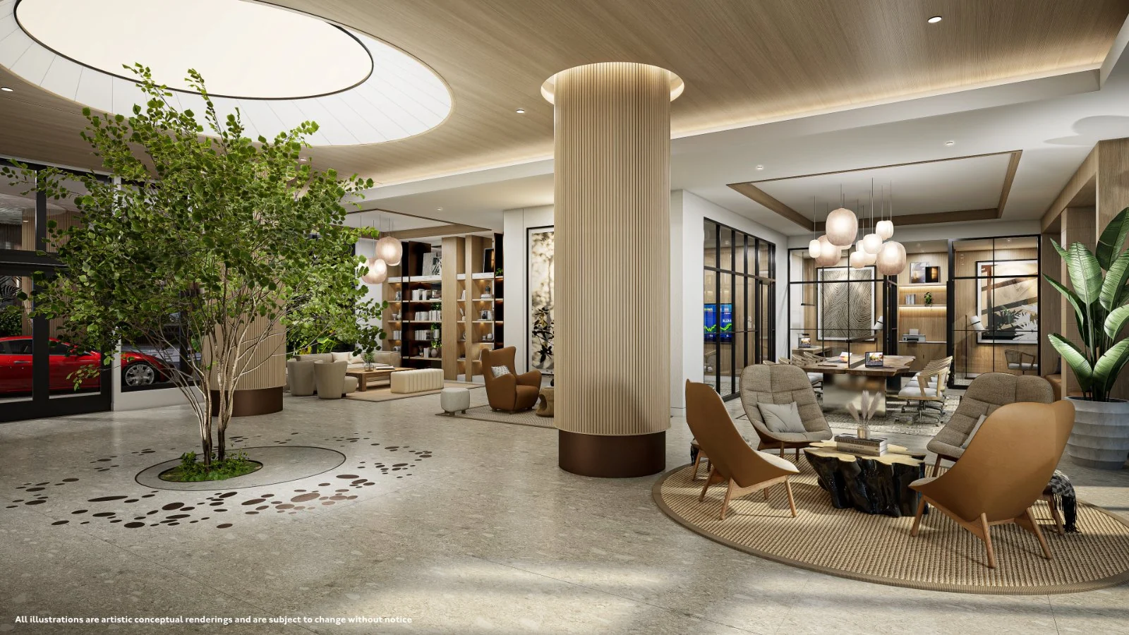 Gaia Residences Hollywood — lobby con vegetación integrada, mobiliario de madera y área de estar