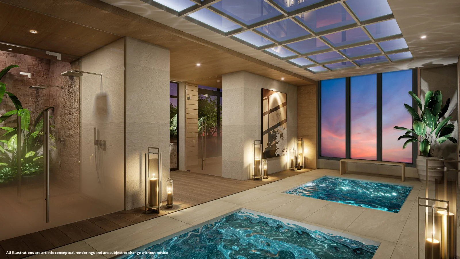 Gaia Residences Hollywood — spa con piscinas de inmersión, vista al atardecer y vegetación