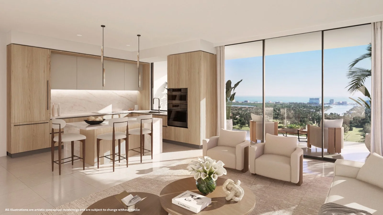 Gaia Residences Hollywood — cocina abierta con gabinetes de madera clara y vista al campo de golf
