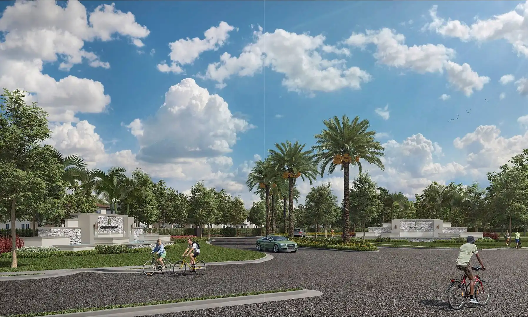 Greenview at Presidential — monumento de entrada de la comunidad cerrada, con palmeras y fuente