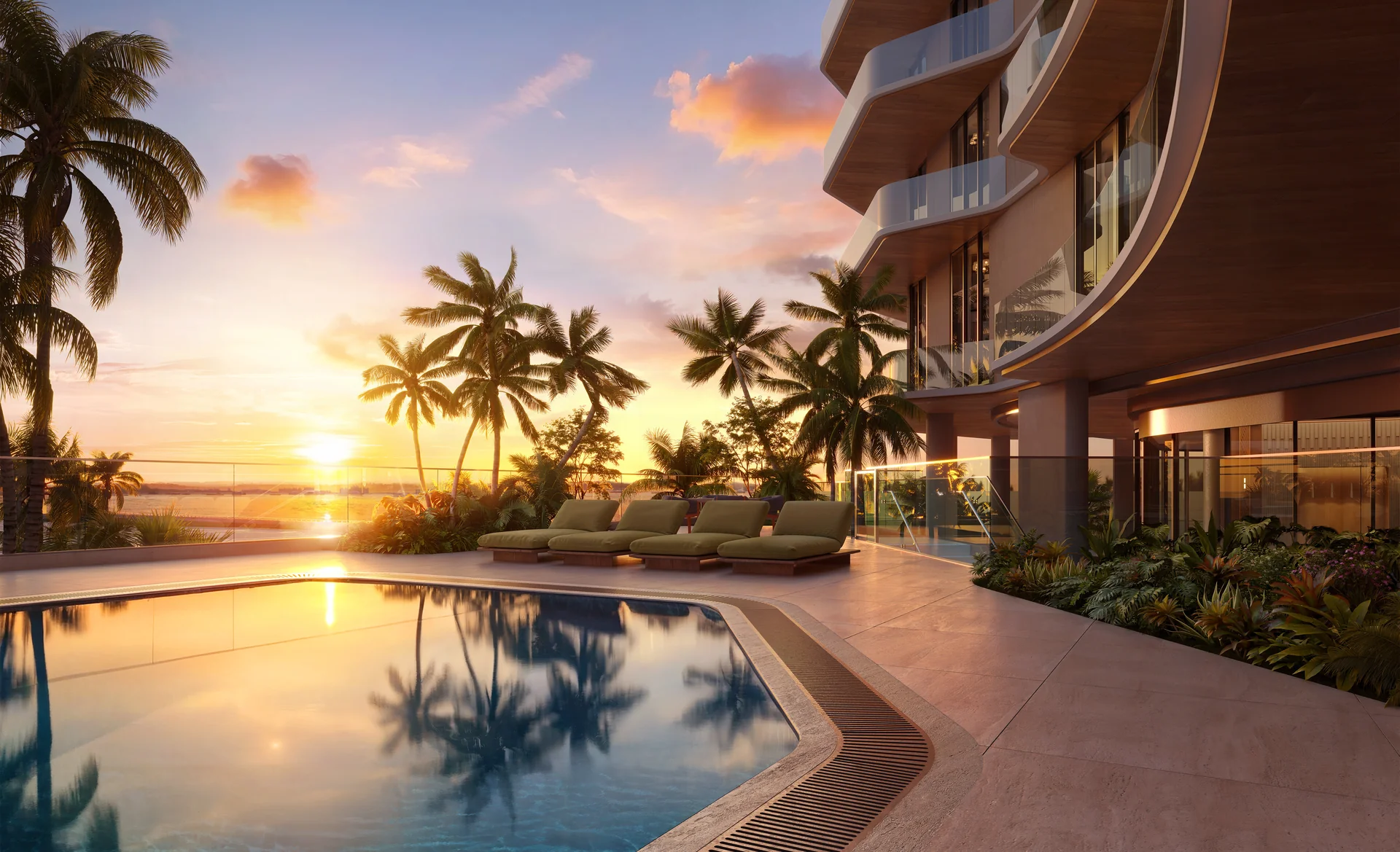 Hollywood Moon — la piscina de bordes infinitos al atardecer, con palmeras iluminadas y la fachada curva del edificio a un costado