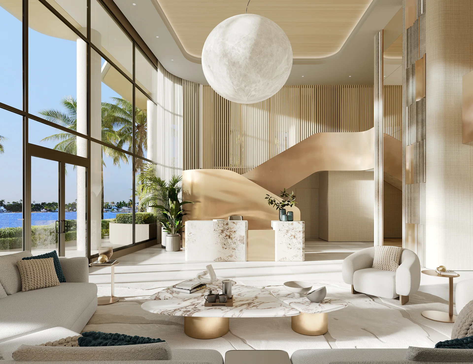 Hollywood Moon — lobby de doble altura con escalera escultórica, lámpara esférica que evoca la luna y ventanales hacia el agua