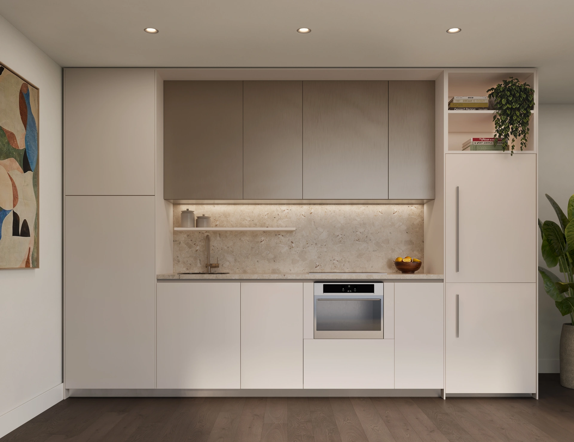 House of Wellness — cocina con gabinetes en dos tonos y electrodomésticos integrados