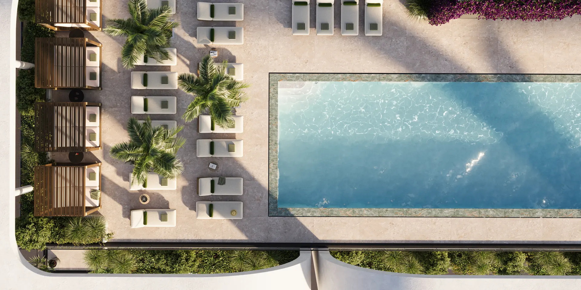 House of Wellness — vista aérea de la piscina en el rooftop, con camastros y palmeras
