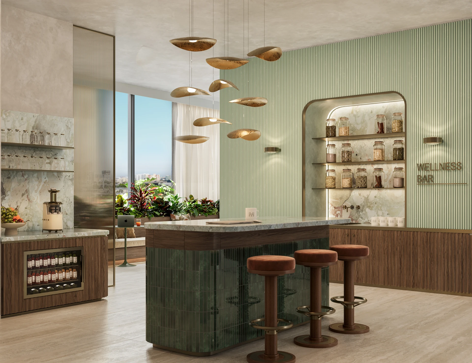 House of Wellness — Wellness Bar con barra de jugos, extractor y anaqueles de ingredientes