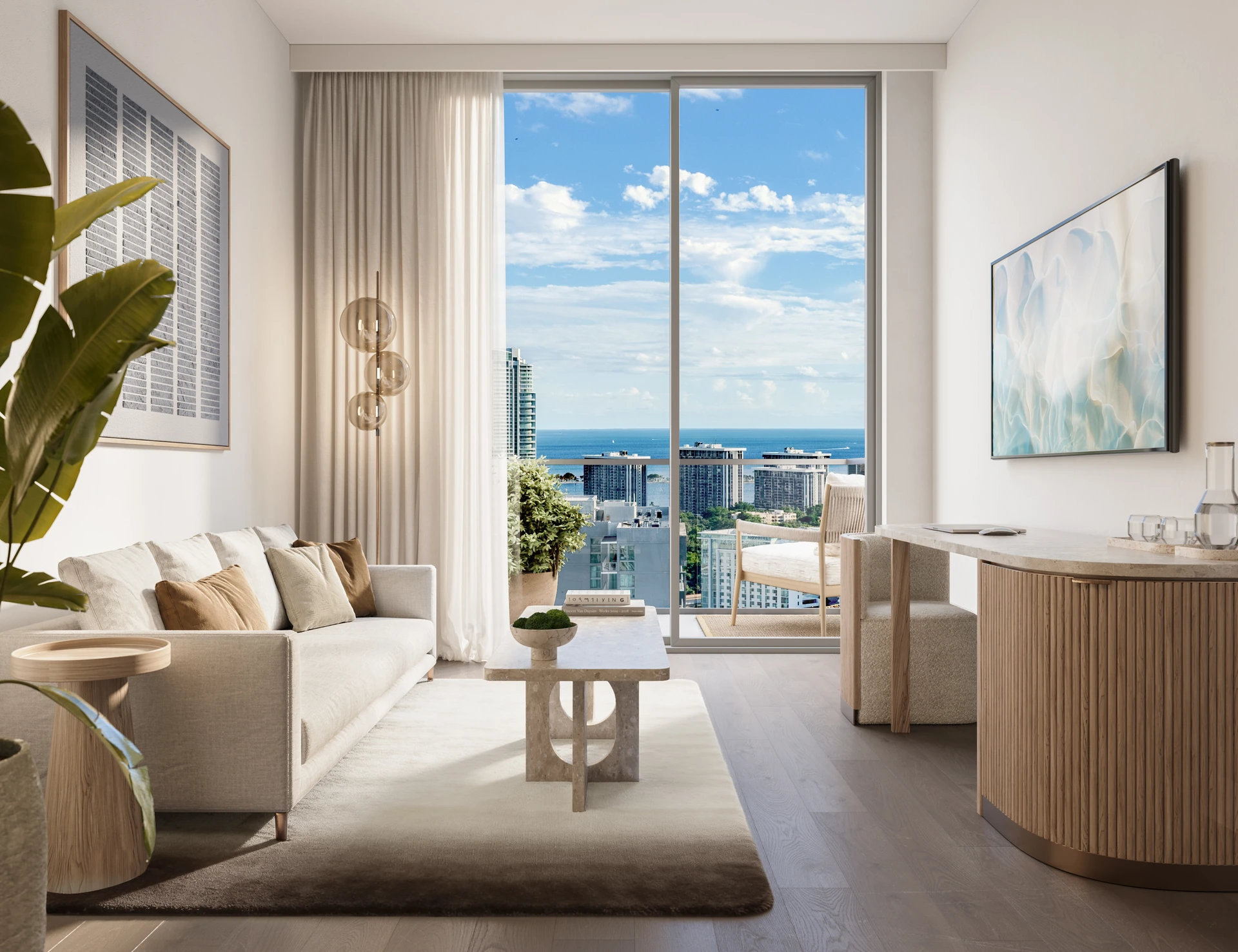 House of Wellness — sala con escritorio y vista a la bahía y el skyline de Brickell