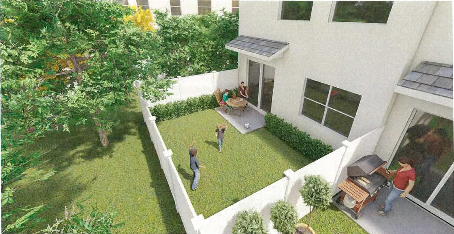 Merrick Square — patio trasero privado cercado, con una familia reunida junto al asador