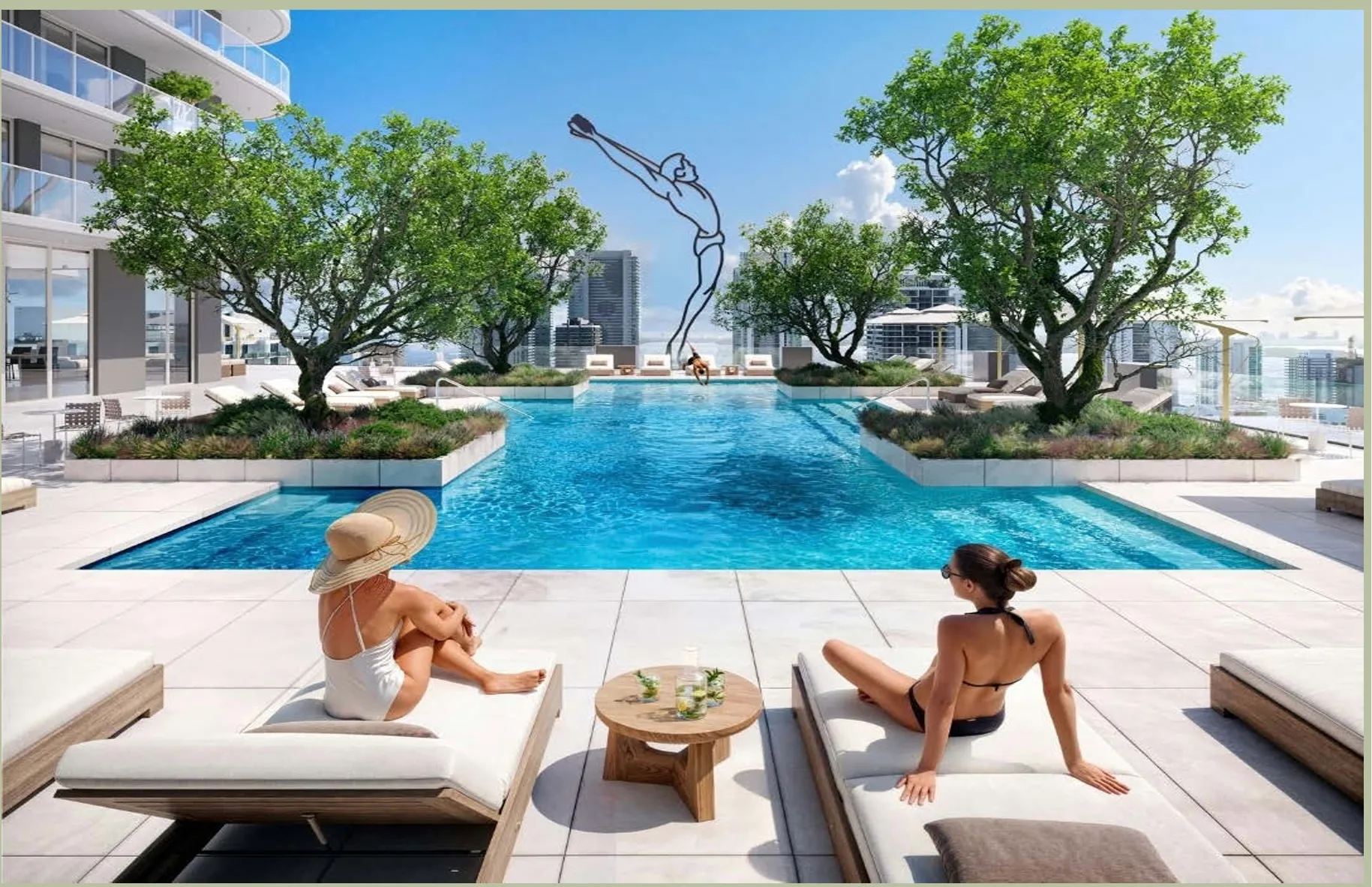 Midtown Park by Proper — piscina climatizada de 60 pies en la cubierta del piso 7, con la escultura de Hernán Marina