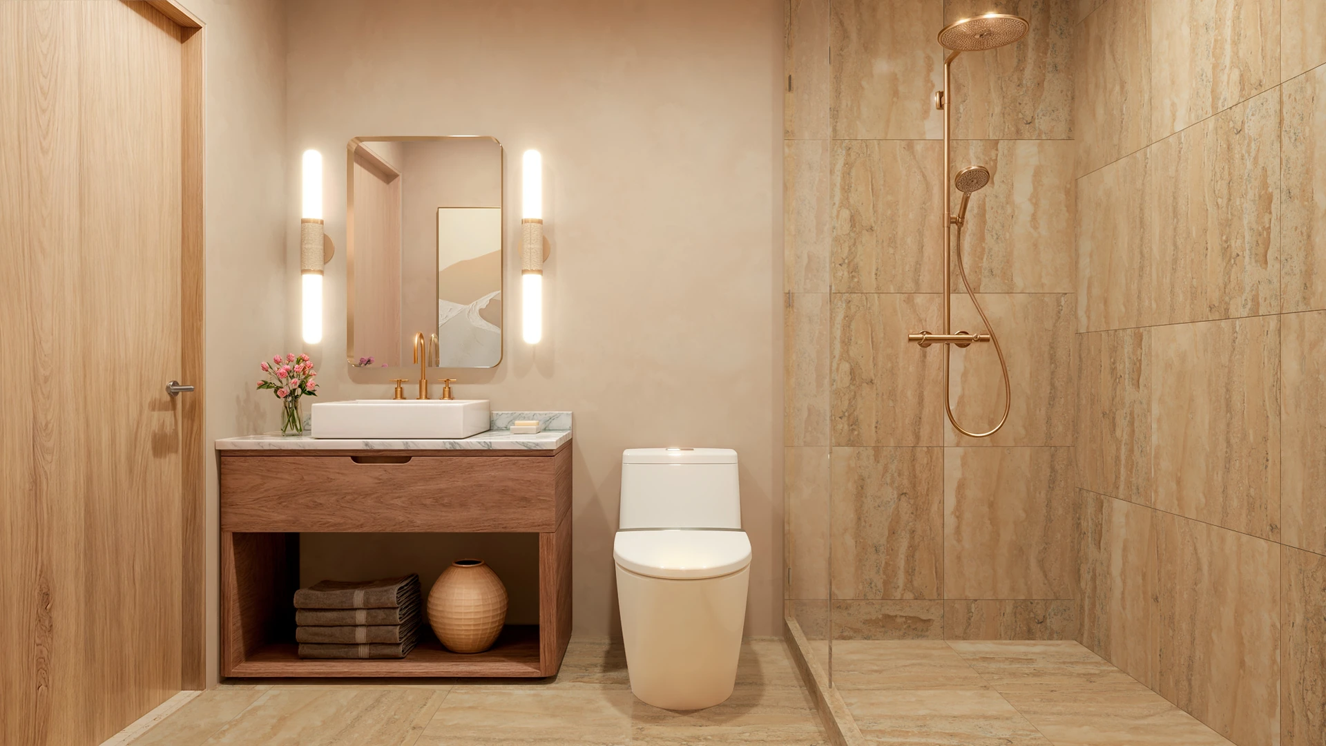 Millux Place — baño con ducha de vidrio, tocador de madera y acabados en piedra travertino