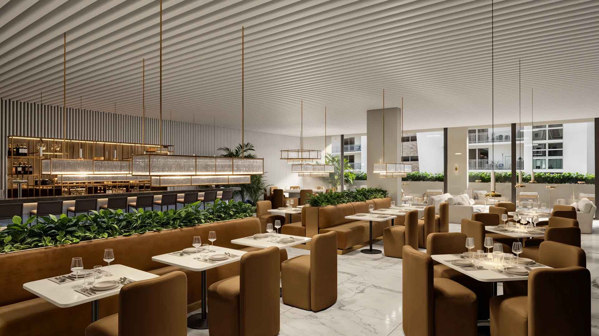 Millux Place — restaurante y lounge con mesas puestas, iluminación cálida y vista a Brickell