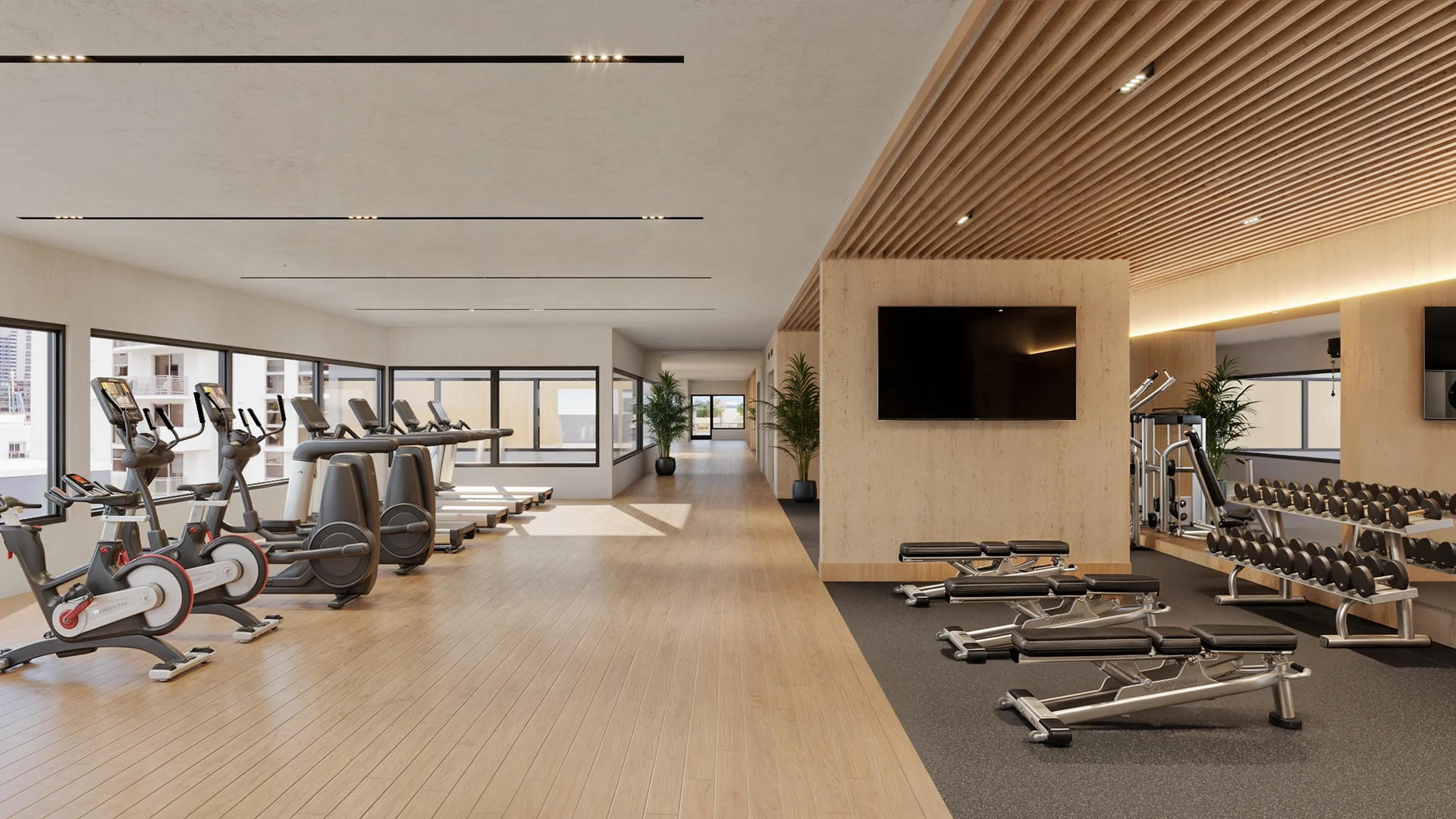Millux Place — gimnasio con máquinas cardiovasculares y zona de peso libre