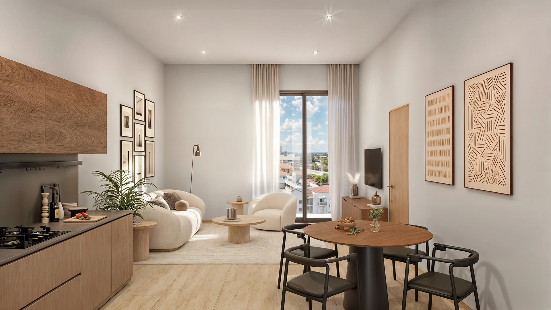 Millux Place — residencia amueblada por Restoration Hardware con sala, comedor y cocina abierta
