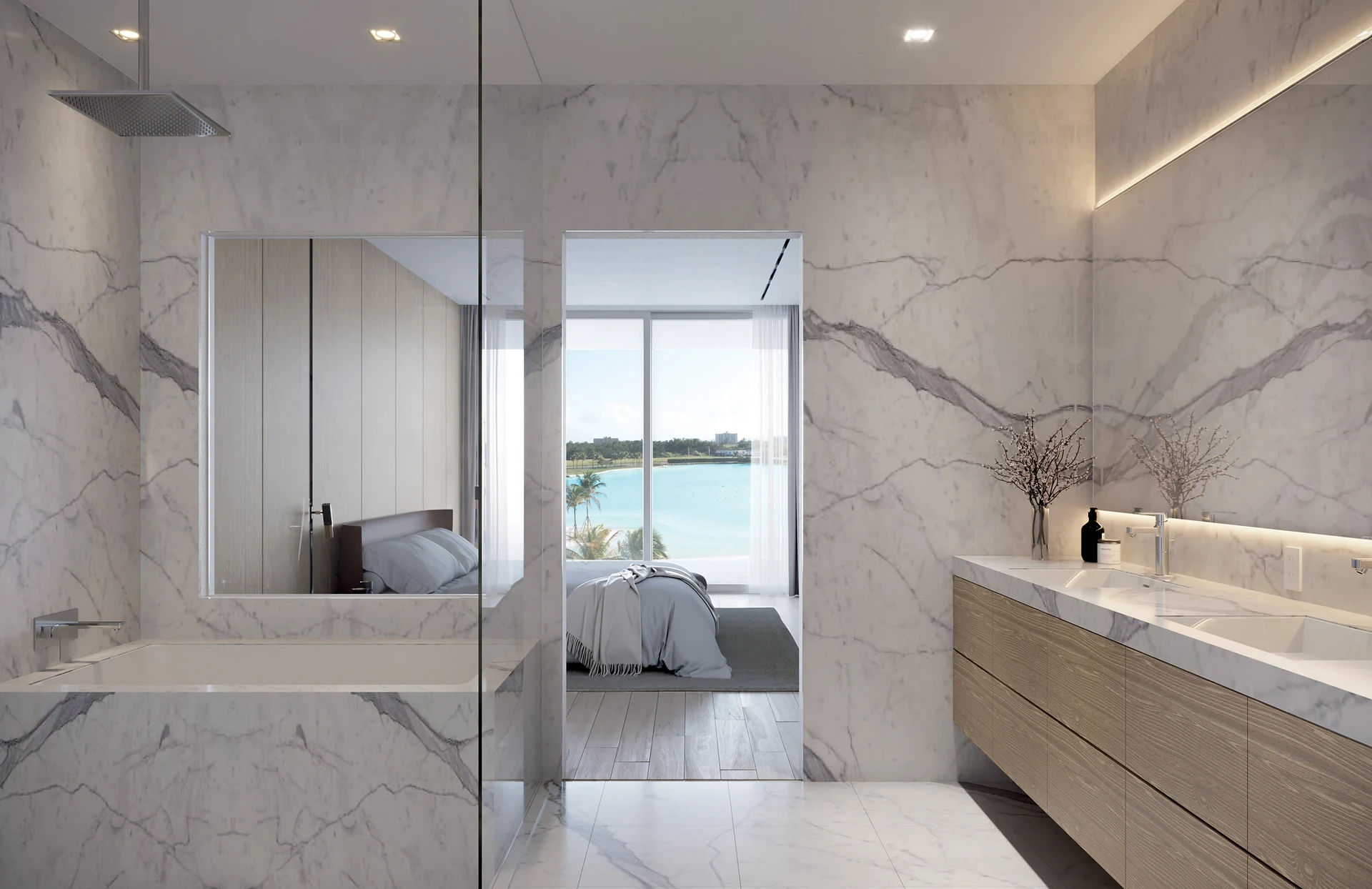 One Park Tower — baño principal en mármol con ducha de cristal sin marco