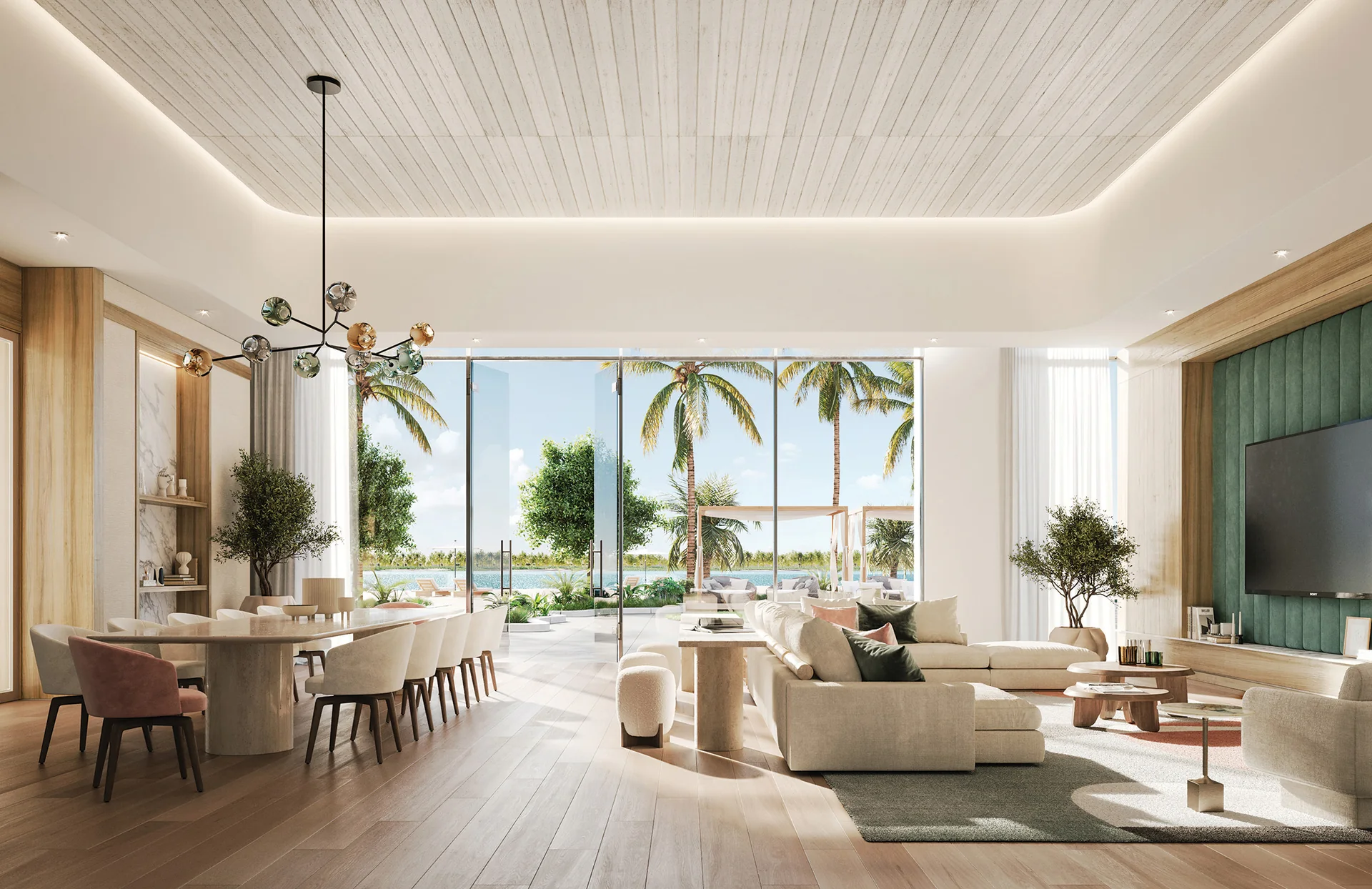 One Park Tower — comedor y sala con salida a la terraza y palmeras al fondo