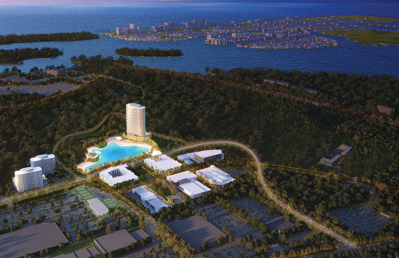 Vista aérea de SoLé Mia: la laguna cristalina, la torre y los espacios verdes entre Biscayne Boulevard y la bahía