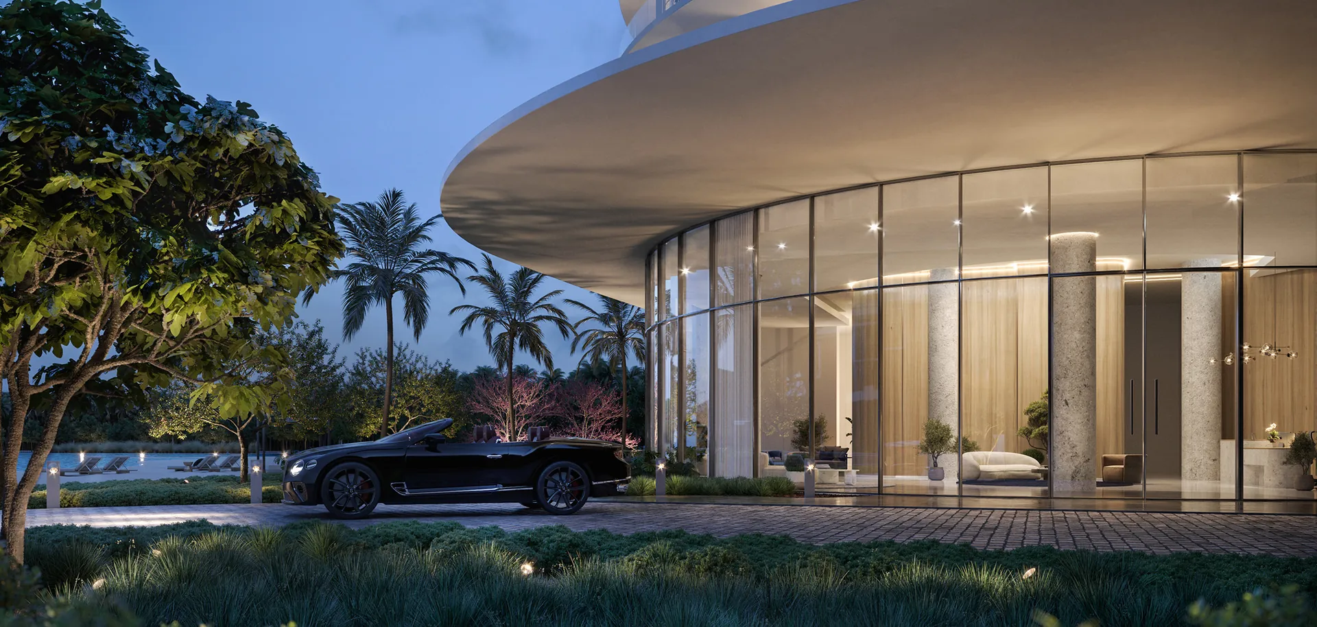 One Park Tower — el acceso cubierto y el lobby privado de residentes