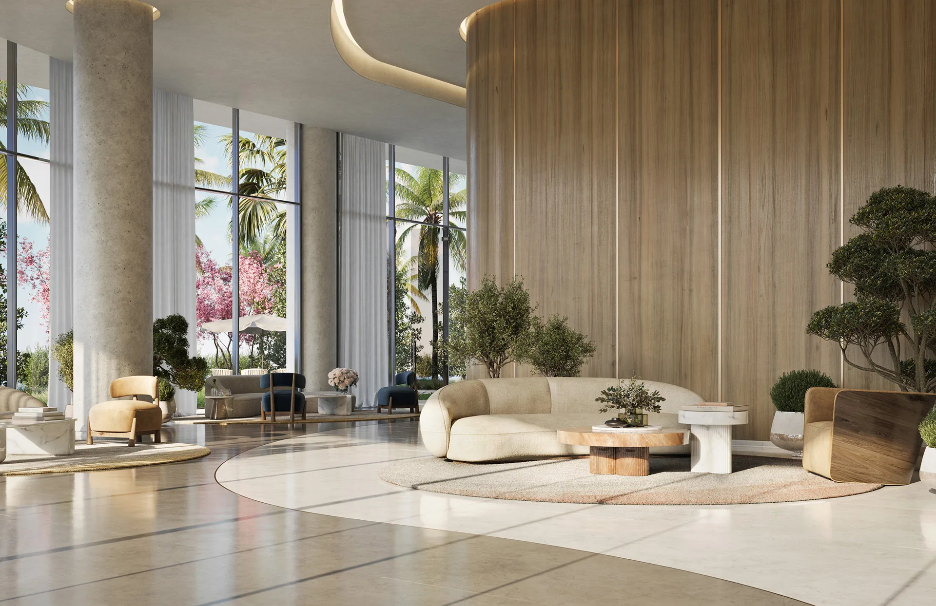 One Park Tower — sala de planta abierta con ventanales de piso a techo y acabados en madera