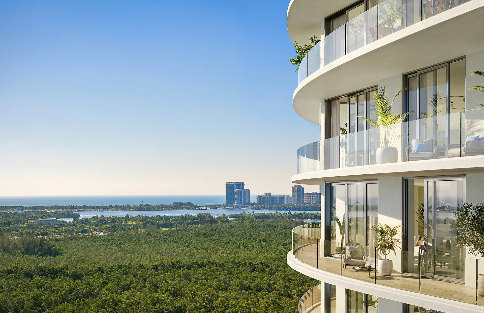 One Park Tower — vista desde la torre sobre el Parque Estatal del Río Oleta y la Bahía de Biscayne