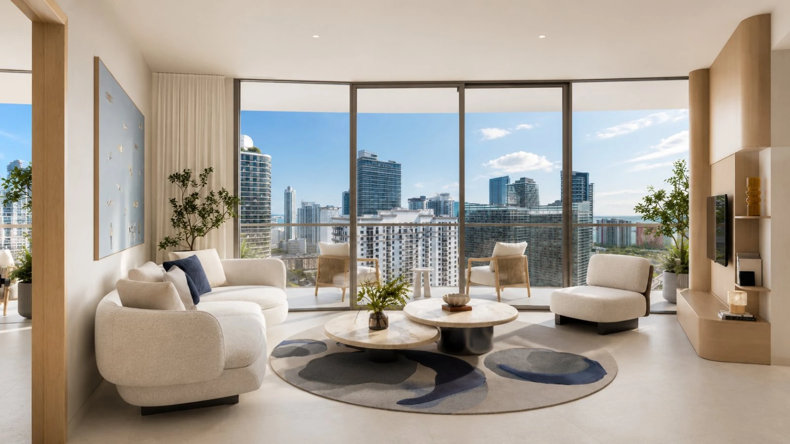 One Twenty Brickell — sala amueblada con ventanal curvo de piso a techo y vista a la ciudad