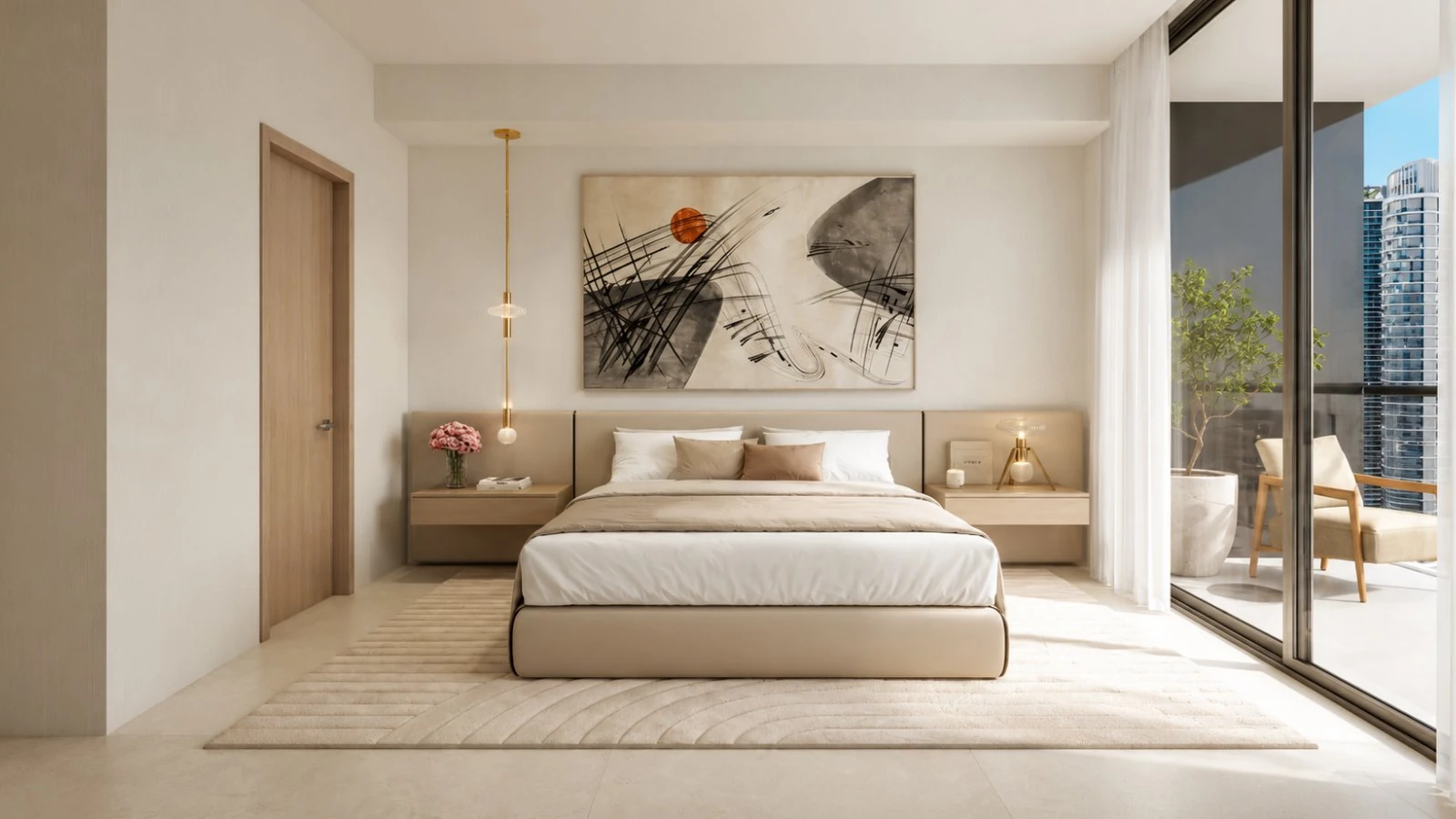 One Twenty Brickell — dormitorio principal amueblado con salida a la terraza
