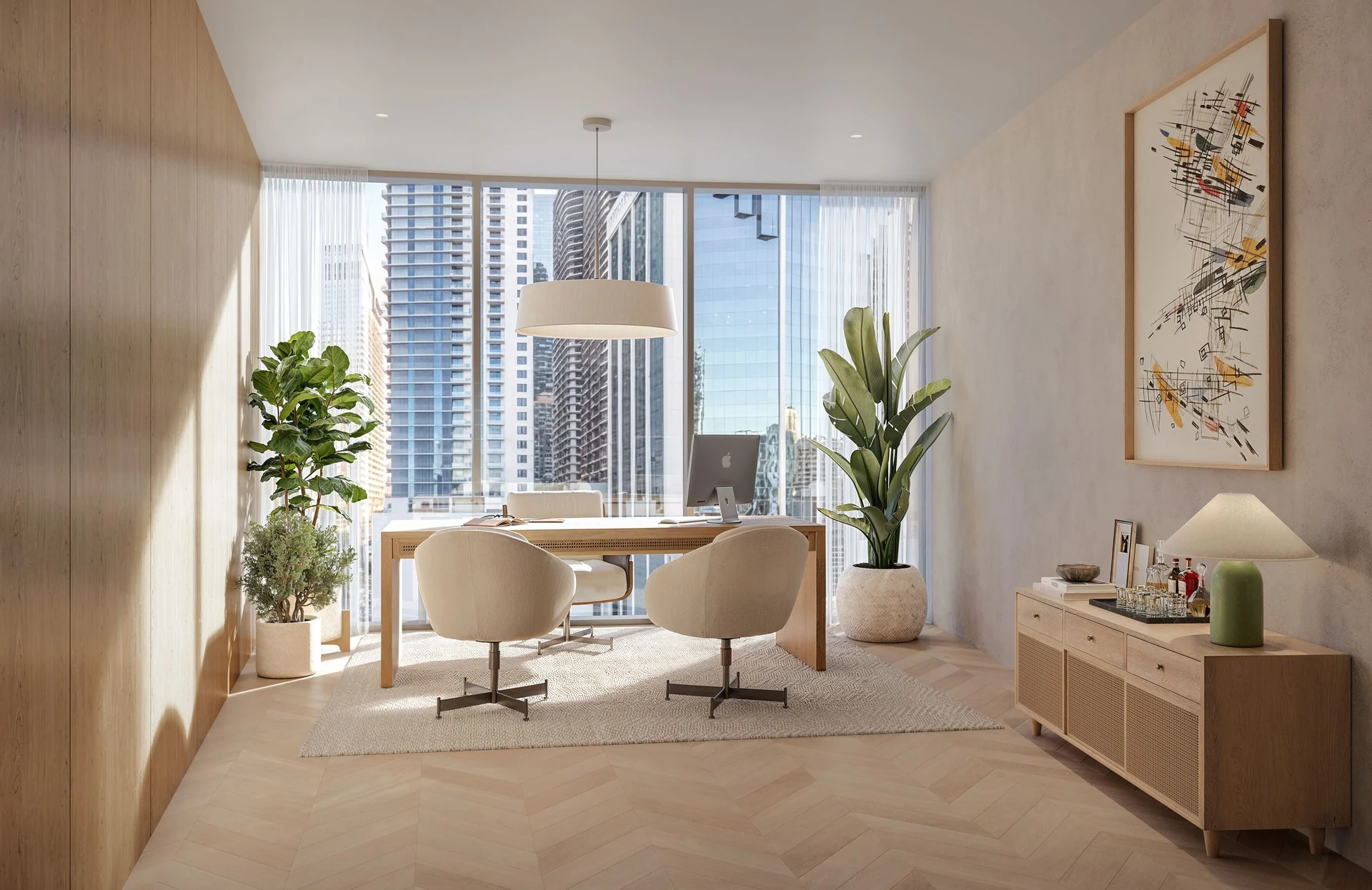 One Twenty Brickell — oficina privada amueblada con escritorio, sillas y ventanal a la ciudad