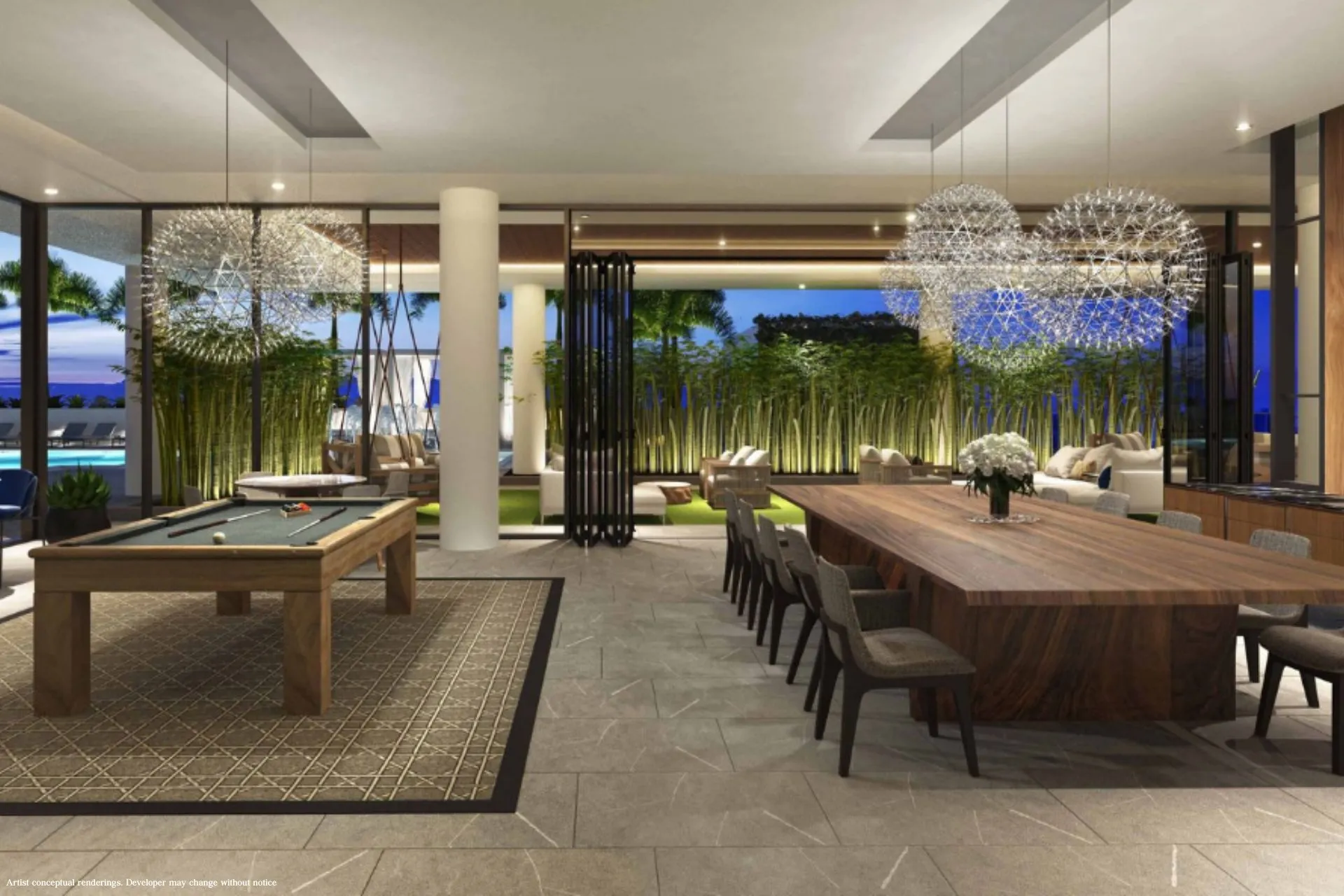 River District 14 — salón social de doble altura con mesa de billar profesional, mesa de comedor larga de madera, lámparas esféricas y ventanales hacia el exterior