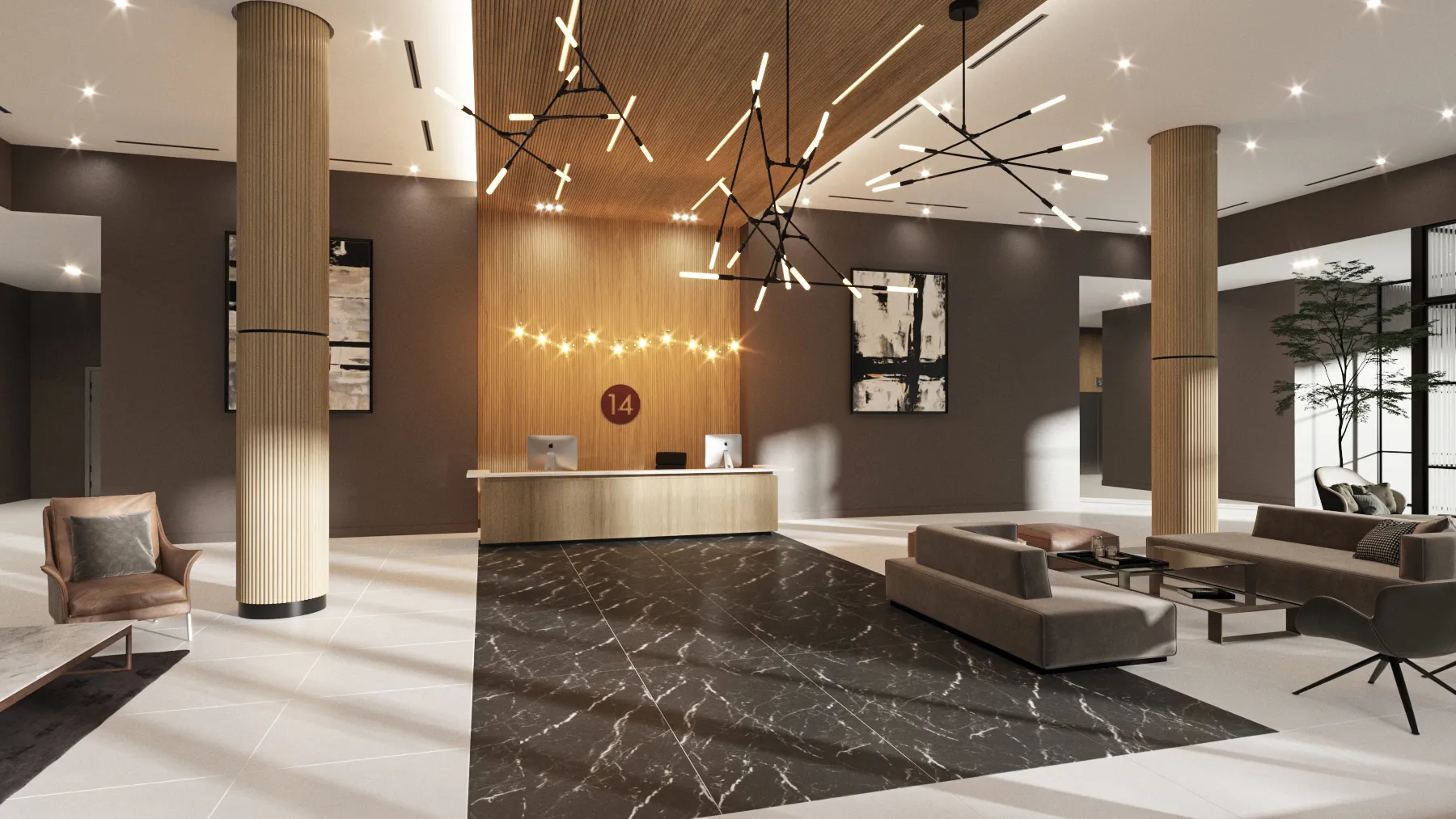 River District 14 — lobby de acceso con mostrador de recepción en madera, el medallón del 14 del proyecto sobre el muro, columnas acanaladas, piso de mármol oscuro y salas de estar a los lados