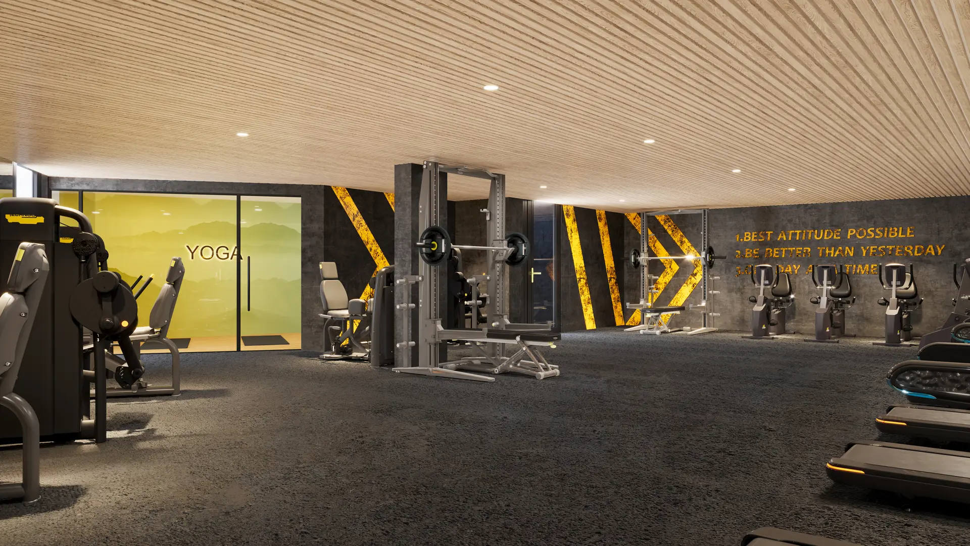Seven Park Residences — gimnasio con máquinas de fuerza, cardio y una sala de yoga acristalada al fondo