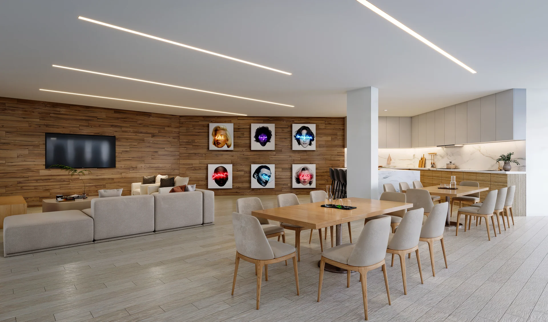 Seven Park Residences — salón social con mesa larga de trabajo, sofás, cocina al fondo y galería de arte en la pared de madera