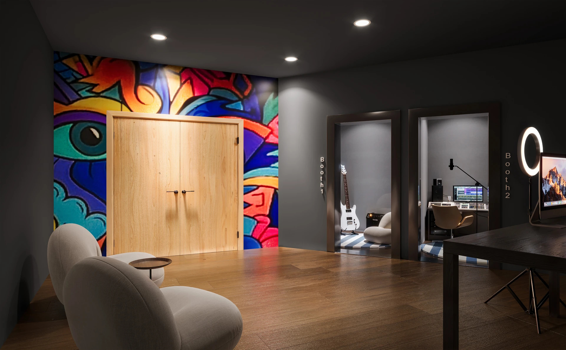 Seven Park Residences — sala de creación de contenido con dos cabinas de grabación, aro de luz, escritorio y un mural de colores